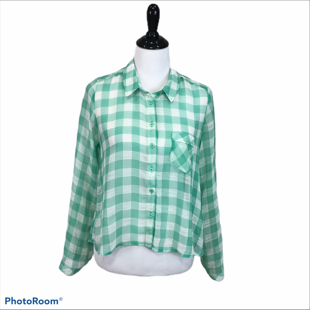 Free People green gingham sheer hi lo button up collared shirt